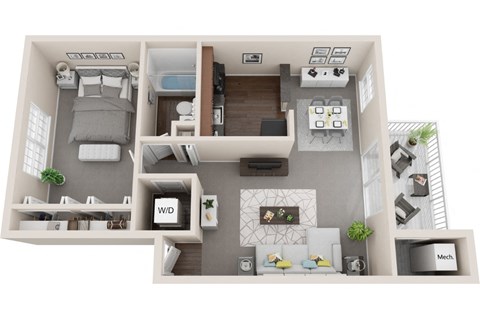 Floor plan for 1 bed, 1 bath, 735 sqft